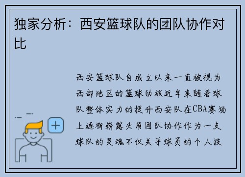 独家分析：西安篮球队的团队协作对比