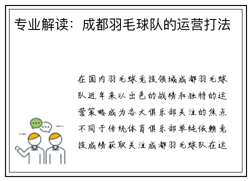 专业解读：成都羽毛球队的运营打法
