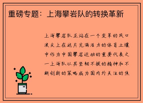 重磅专题：上海攀岩队的转换革新