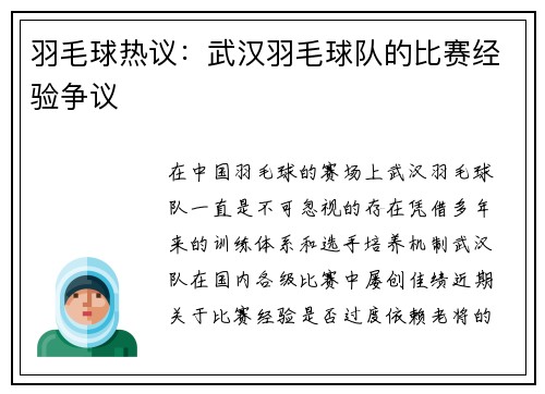 羽毛球热议：武汉羽毛球队的比赛经验争议